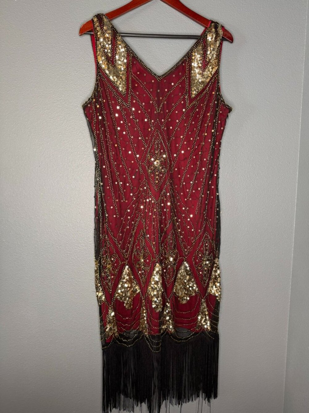 XXL 1920s Flapper Dress Burgundy Gold Sequin Fringe Gatsby Art Deco Party